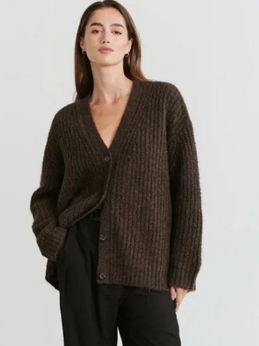 Jenni Kayne Cocoon Cardigan Ribbed V‑Neck  - Dark Brown - Size S Oversized